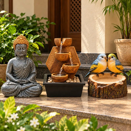 Home & Garden Decor Combo Set of 3 | Buddha Statue, Tabletop Water Fountain & Bird Feeder | PCTKART