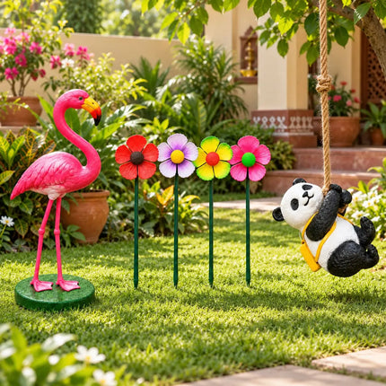 Garden Decor Combo Set of 3 | Pink Flamingo Statue, Hanging Panda & Moving Flower Stakes