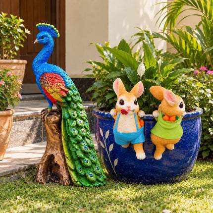Garden Decor Combo Set of 2 | Colorful Peacock Statue & Cute Bunny Pot Hanging Decor