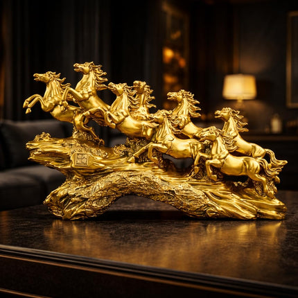 PCTKART 8 Running Horses Golden Statue – 19 Inch Luxury Vastu Decor Showpiece for Home & Office - Pctkart