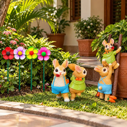 Garden Decor Combo Set of 3 | Rotating Flower Stakes, Bunny Pot Hanger & Climbing Rabbit Statue