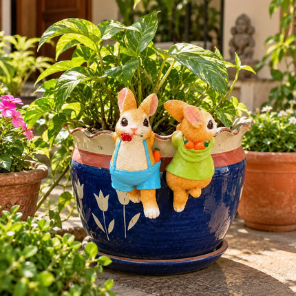 Garden Decor Combo Set of 2 | Colorful Peacock Statue & Cute Bunny Pot Hanging Decor