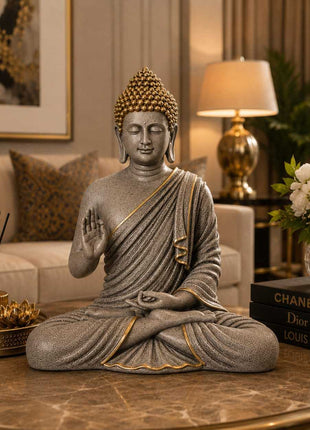 Antique Grey Buddha Statue with Gold Accents  15 Inch Meditating Buddha Showpiece for Home & Office Decor