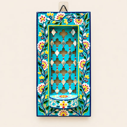 Handcrafted Lippan Art Floral Rectangular Jharokha Style Candle Holder
