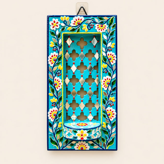 Handcrafted Lippan Art Floral Rectangular Jharokha Style Candle Holder