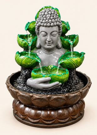 Buddha Green Lotus Water Fountain – Indoor Tabletop Fountain for Home Decor