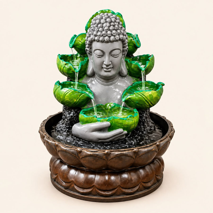 Buddha Green Lotus Water Fountain – Indoor Tabletop Fountain for Home Decor