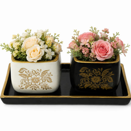 Designer Ceramic Planter Pots Set with Tray Decorative Indoor Planters for Home Decor