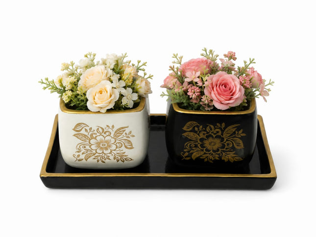 Set of 2 Designer Ceramic Planter Pots with Tray | Decorative Indoor Plant Pots for Home Decor - Pctkart