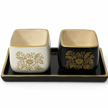 Set of 2 Decorative Ceramic Pots with Tray for Indoor Plants and Tabletop Decoration