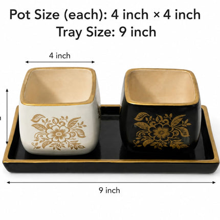 Black and White Ceramic Flower Pots with Decorative Tray Home Decor Planter Set