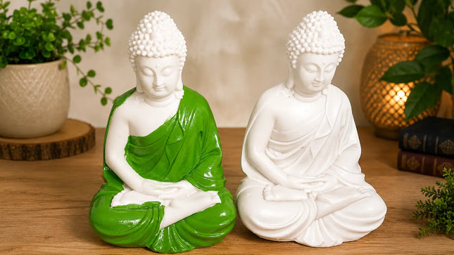 Meditating Buddha statue showpiece in green and white color for home decor