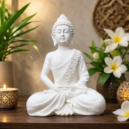 White meditating Buddha statue showpiece for home decor and spiritual decoration
