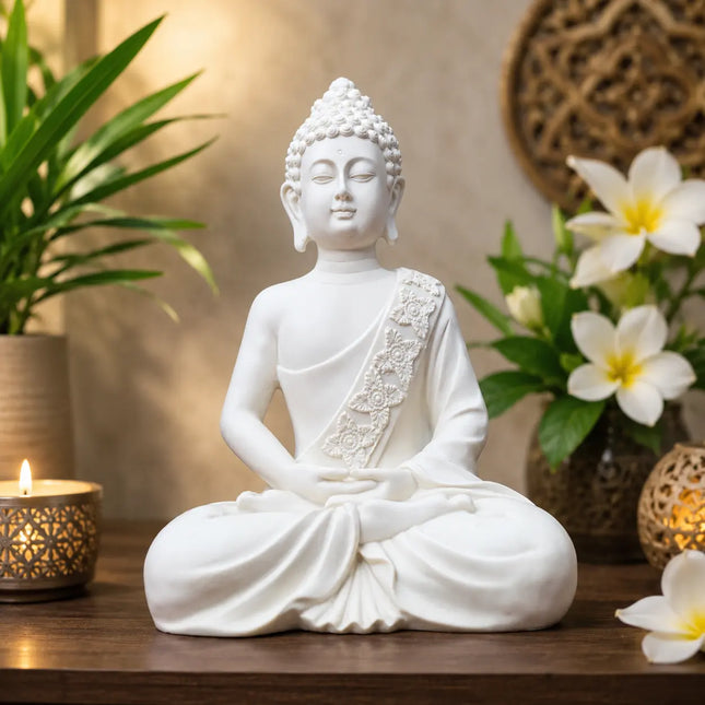 White meditating Buddha statue showpiece for home decor and spiritual decoration