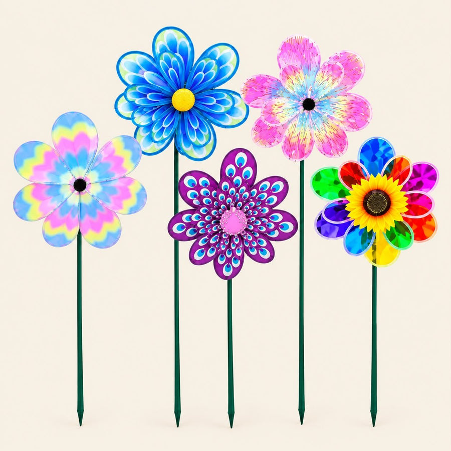 Colorful Windmill Garden Stakes Pack of 5 | Rotating Flower Wind Spinner Sticks for Outdoor Garden Decor, Lawn & Balcony