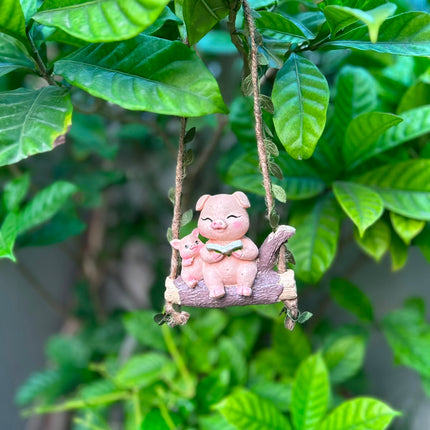 Cute Mother & Baby Pig Swing Hanging Garden Decor | Set of 2 Resin Animal Figurines for Garden, Balcony & Home Decor - Pctkart