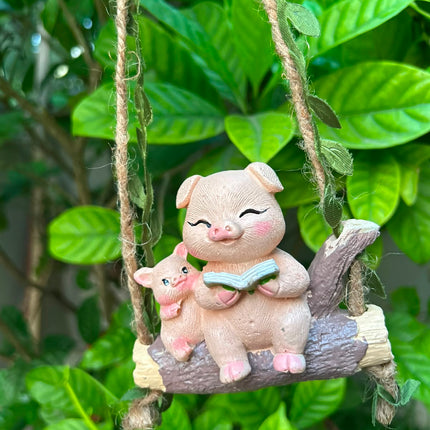 Cute Mother & Baby Pig Swing Hanging Garden Decor | Set of 2 Resin Animal Figurines for Garden, Balcony & Home Decor - Pctkart
