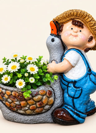 Cute Boy Resin Planter with Bird | Decorative Garden Pot & Outdoor Home Decor - Pctkart