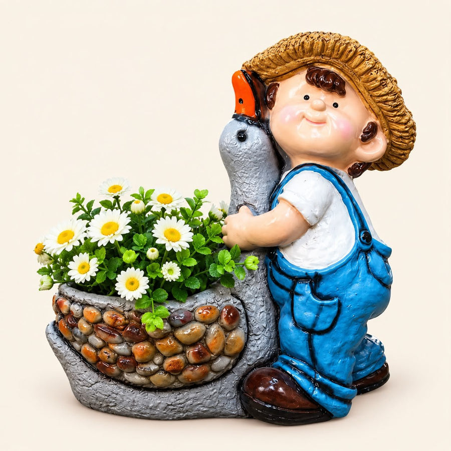Cute Boy Resin Planter with Bird | Decorative Garden Pot & Outdoor Home Decor