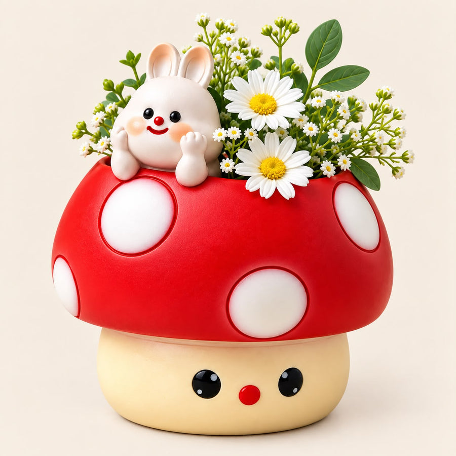 Cute Bunny on Mushroom Resin Planter Pot | Set of 2 Adorable Succulent Planters for Home&Garden Décor