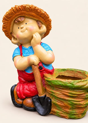 Cute Garden Boy Planter with Shovel – Decorative Resin Flower Pot for Indoor & Outdoor Decor - Pctkart