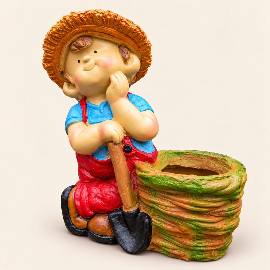 Cute Garden Boy Planter with Shovel – Decorative Resin Flower Pot for Indoor & Outdoor Decor