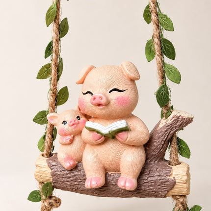 Cute Mother & Baby Pig Swing Hanging Garden Decor | Set of 2 Resin Animal Figurines for Garden, Balcony & Home Decor - Pctkart