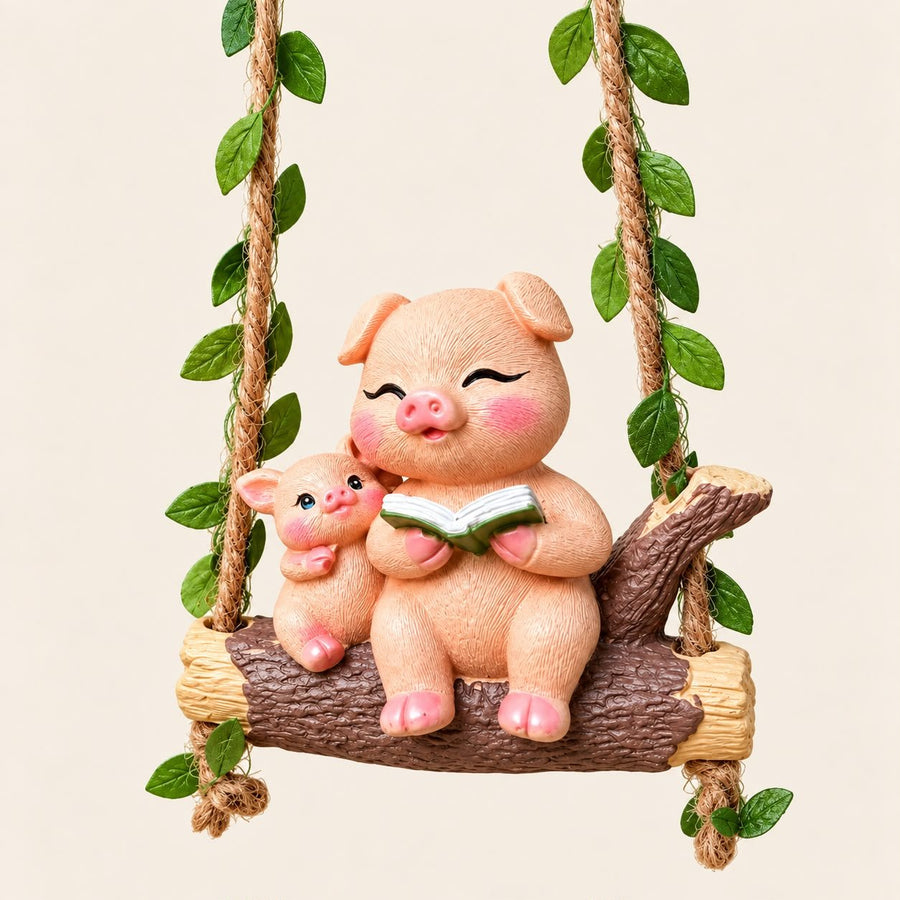 Cute Mother & Baby Pig Swing Hanging Garden Decor | Set of 2 Resin Animal Figurines for Garden, Balcony & Home Decor
