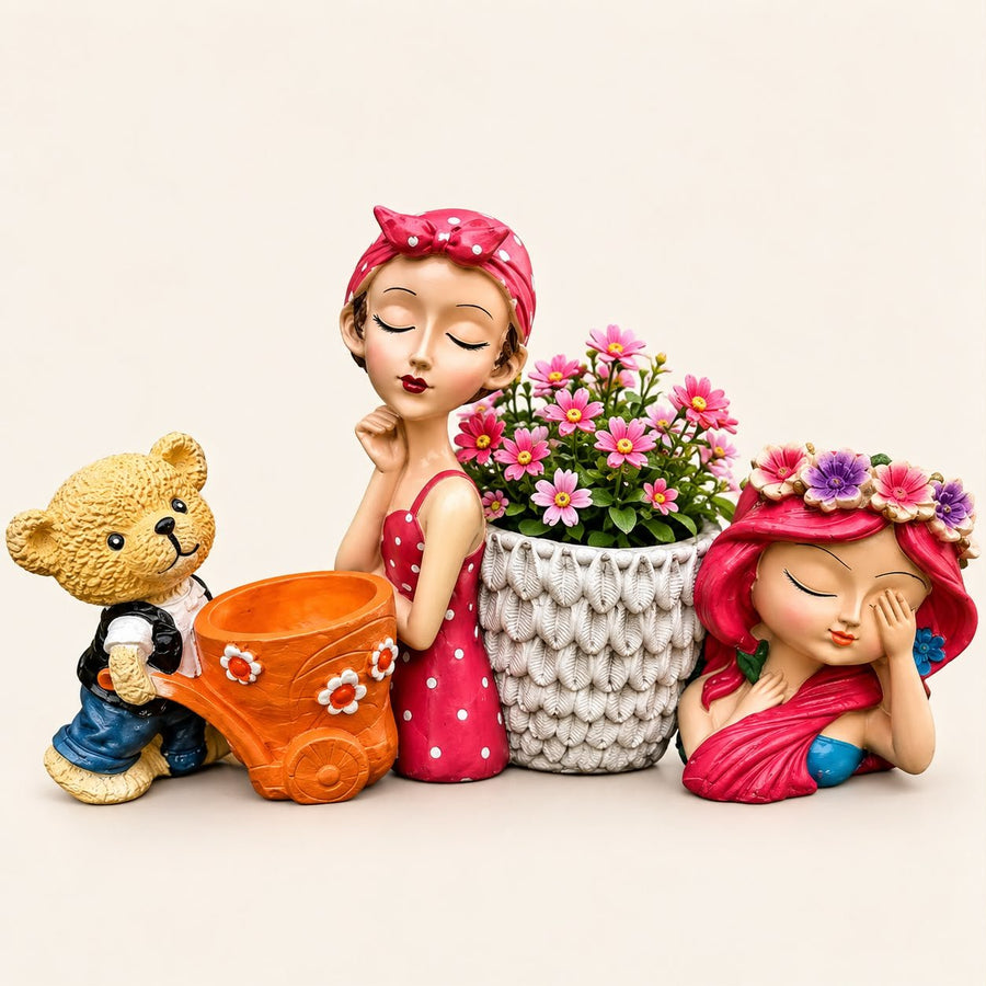 Cute Resin Character Planter Pots Pack of 3 | Designer Indoor & Garden Flower Pots