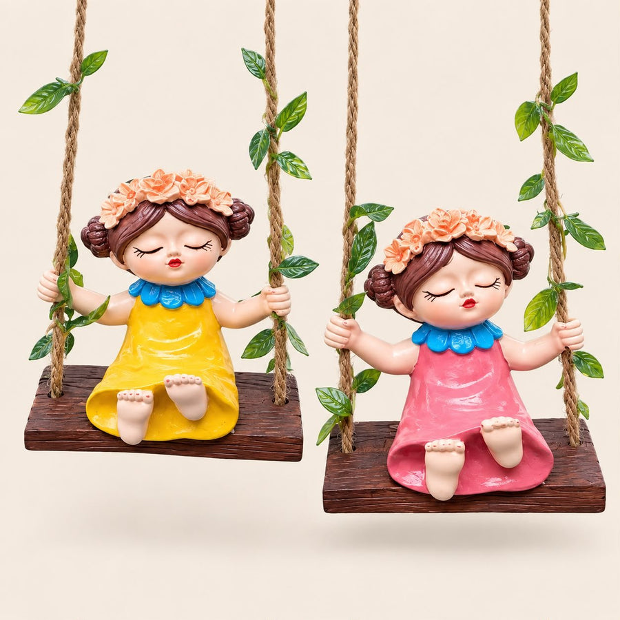 Cute Swing Girl  PACK OF 2 Resin Showpiece for Home & Garden Decor | Decorative Hanging Figurine | PCTKART