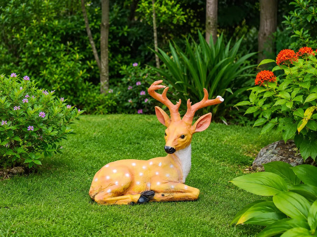 Decorative Sitting Deer Garden Statue with Antlers for Outdoor Garden Decor - Pctkart