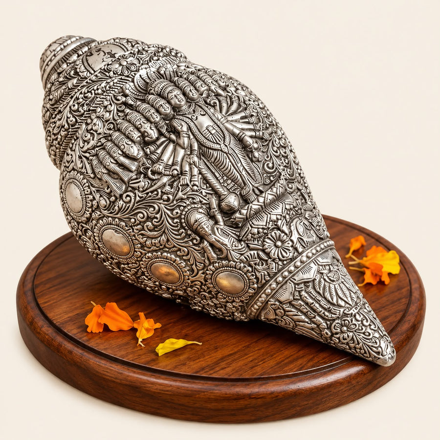 Silver Finish Dashavtar Vishnu Shankh | Traditional Narayan Conch Showpiece for Pooja, Vastu & Spiritual Decor