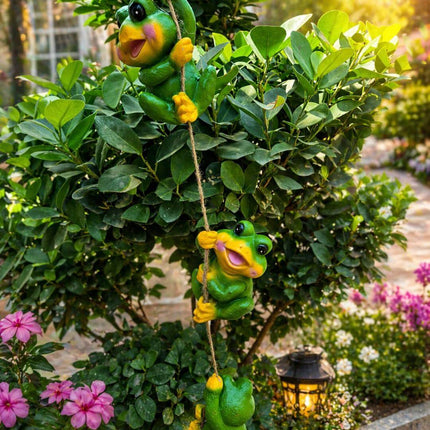 Cute Frog Climbing Garden Decor | Hanging Frog Rope Statue for Outdoor & Balcony Decoration - Pctkart