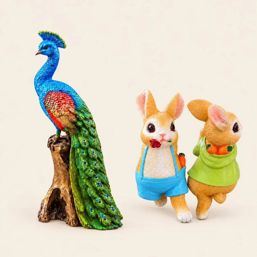 Garden Decor Combo Set of 2 | Colorful Peacock Statue & Cute Bunny Pot Hanging Decor