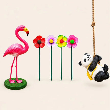 Garden Decor Combo Set of 3 | Pink Flamingo Statue, Hanging Panda & Moving Flower Stakes
