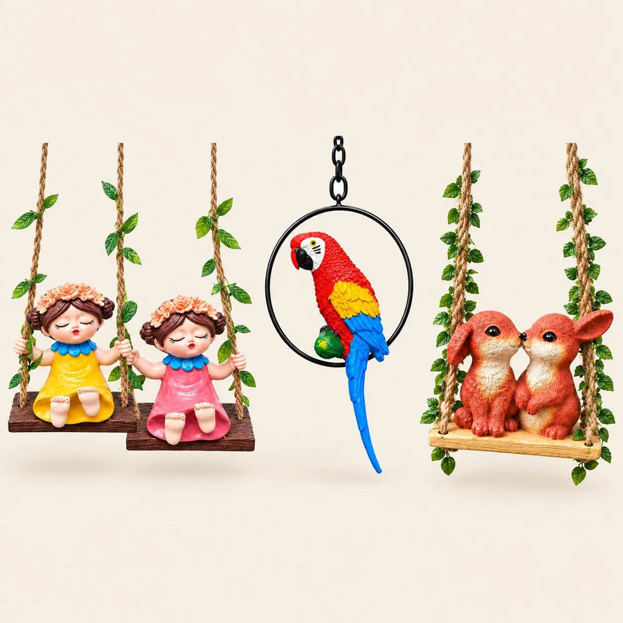 Garden Decor Combo Set of 3 Products | Swing Girl, Colorful Parrot & Bunny Couple Hanging | PCTKART