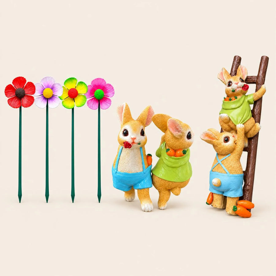 Garden Decor Combo Set of 3 | Rotating Flower Stakes, Bunny Pot Hanger & Climbing Rabbit Statue