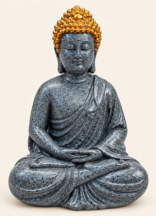Dark Grey Buddha Statue with Golden Headpiece | Meditating Buddha Showpiece