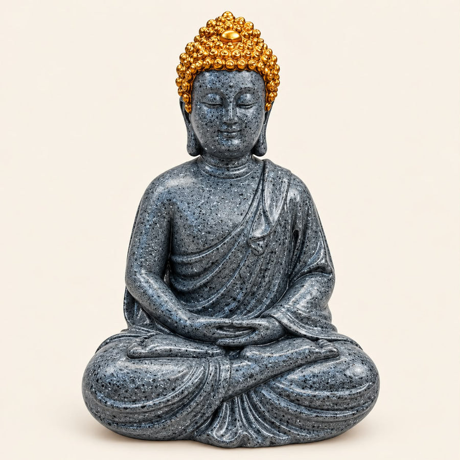 Dark Grey Buddha Statue with Golden Headpiece | Meditating Buddha Showpiece