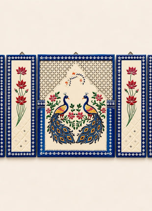 Handcrafted Lippon Art Peacock Wall Decor Set of 5 | Clay Art on Wood - Pctkart