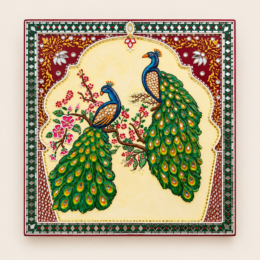 Handmade Peacock Couple Lippan Art Wall Decor | Traditional Indian Peacock Wall Art