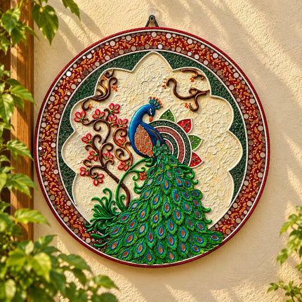 Handmade Peacock Lippan Art Wall Decor  18 Inch Round MDF Wall Hanging