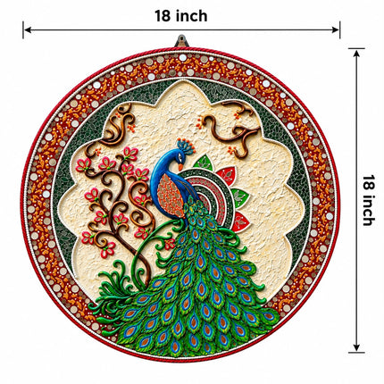 Handmade Peacock Lippan Art Wall Decor  18 Inch Round MDF Wall Hanging
