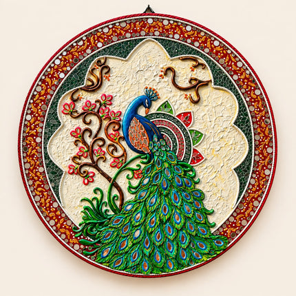 Handmade Peacock Lippan Art Wall Decor  18 Inch Round MDF Wall Hanging