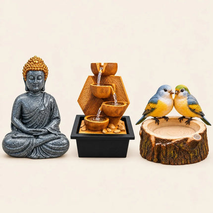 Home &Garden Decor Combo Set of 3 | Buddha Statue, Tabletop Water Fountain & Bird Feeder | PCTKART