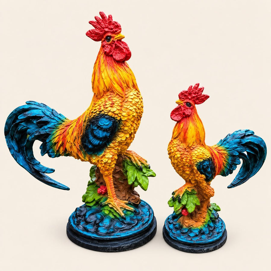 Large & Small Rooster Garden Statue Set – Polyresin Outdoor Garden Decor