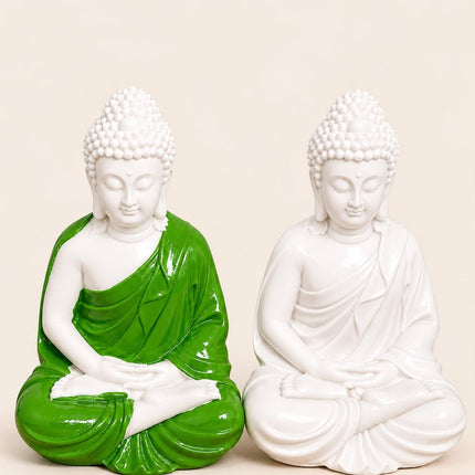 Meditating Buddha Statue Showpiece for Home Decor | Resin Buddha Idol Pack of 2 (Green & White) - Pctkart