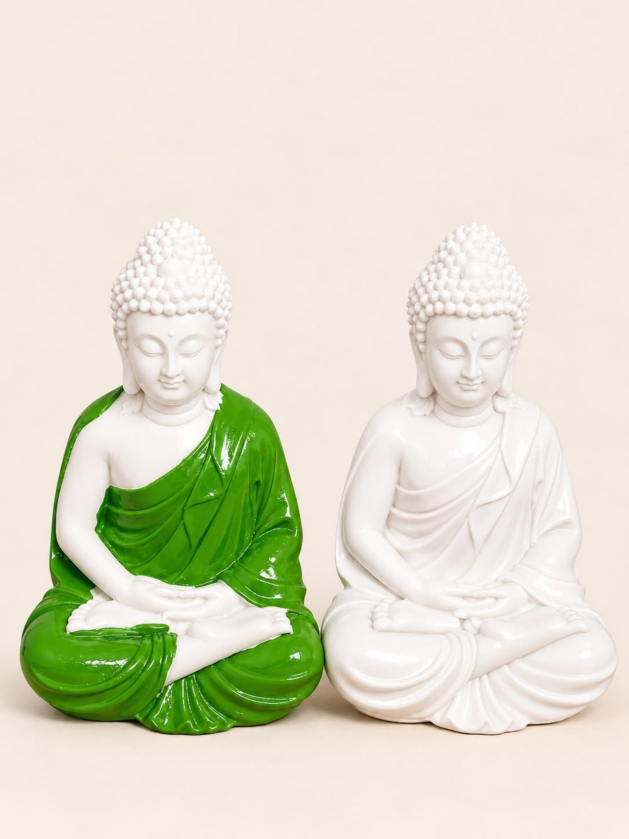 Meditating Buddha Statue Showpiece for Home Decor | Resin Buddha Idol Pack of 2 (Green & White)