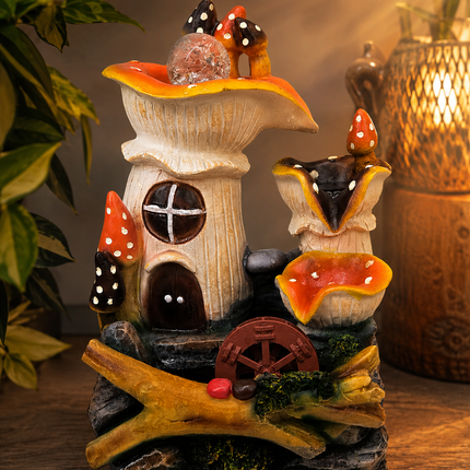 Mushroom house decorative tabletop fountain with colorful mushrooms, rustic wood, moss, and waterwheel