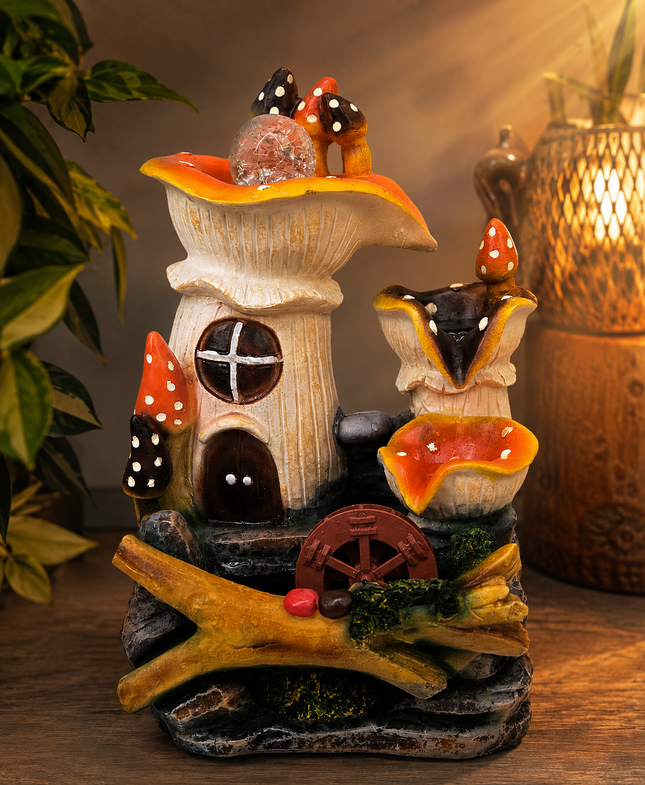 Mushroom house decorative tabletop fountain with colorful mushrooms, rustic wood, moss, and waterwheel